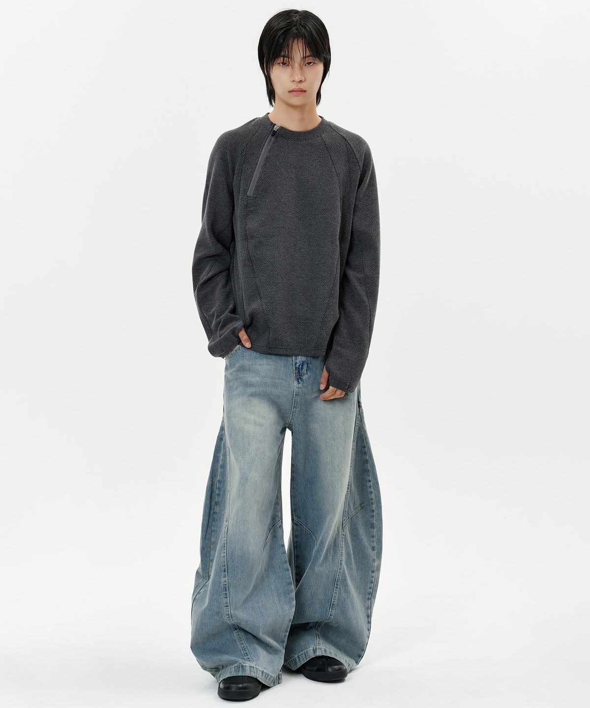 딥센스(DEEP SENSE) Arc Panel Washed Curved Denim Pants - blue