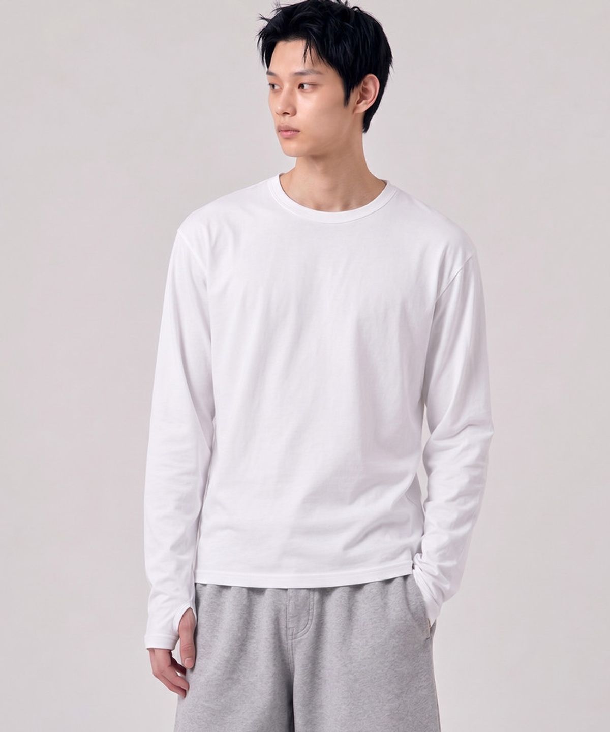 언더오프(UNDEROFF) 크롭 핑거홀 롱슬리브 티셔츠 화이트