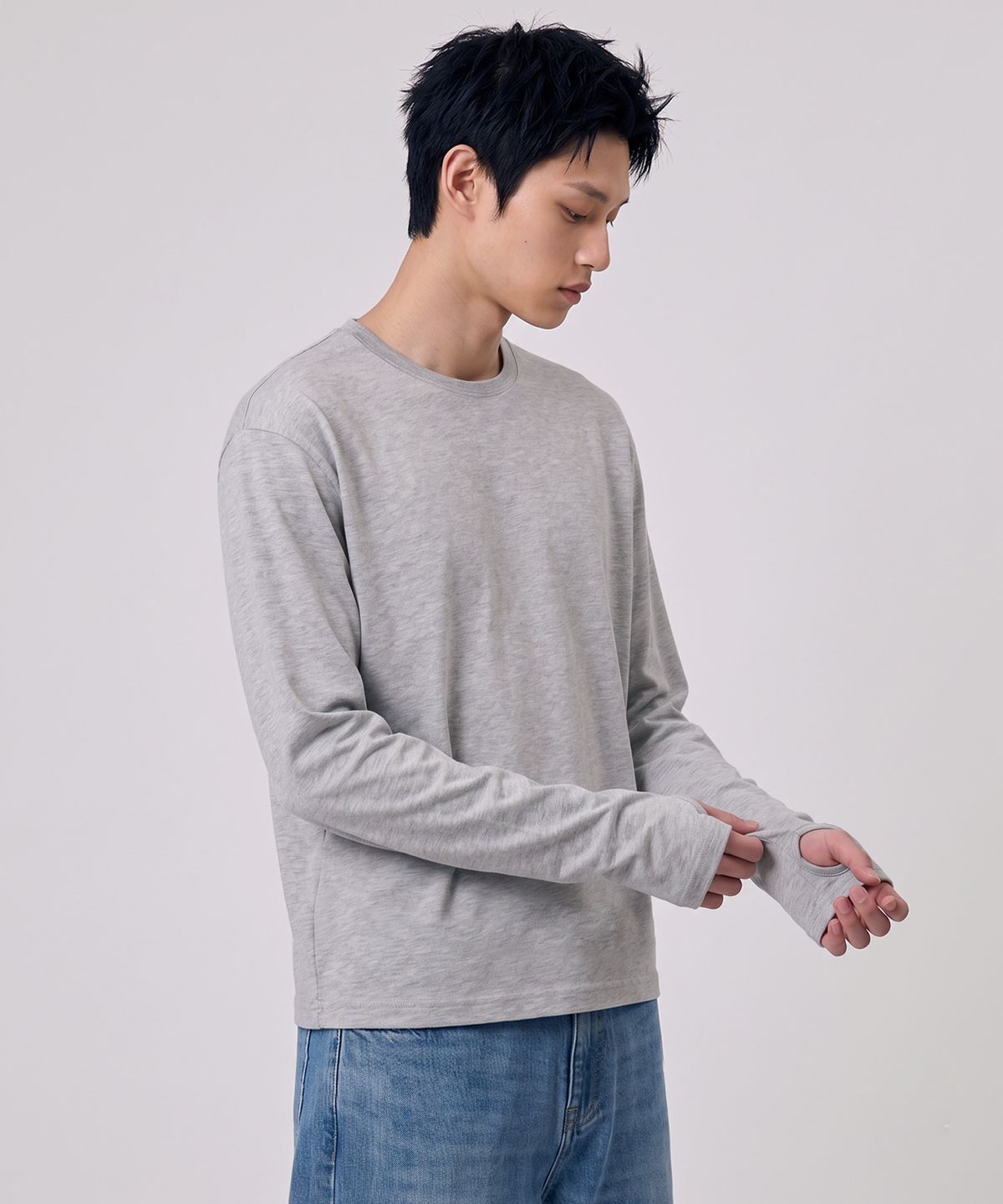 언더오프(UNDEROFF) 크롭 핑거홀 롱슬리브 티셔츠 멜란지
