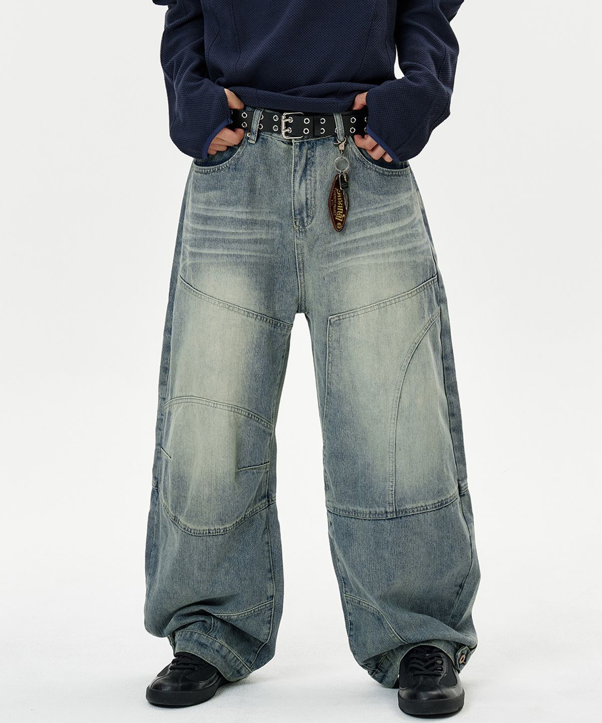 딥센스(DEEP SENSE) Snap Button Slit Curved Denim Pants - blue