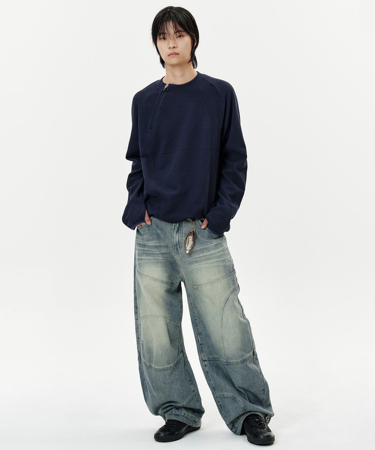 딥센스(DEEP SENSE) Snap Button Slit Curved Denim Pants - blue