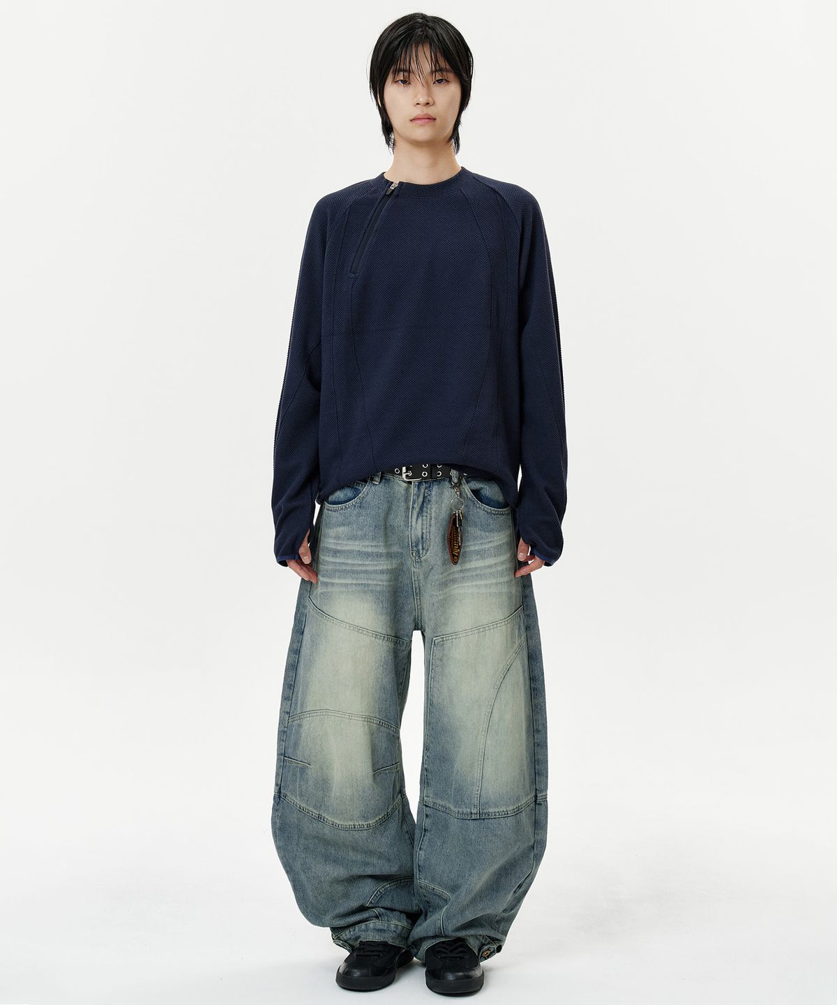 딥센스(DEEP SENSE) Snap Button Slit Curved Denim Pants - blue