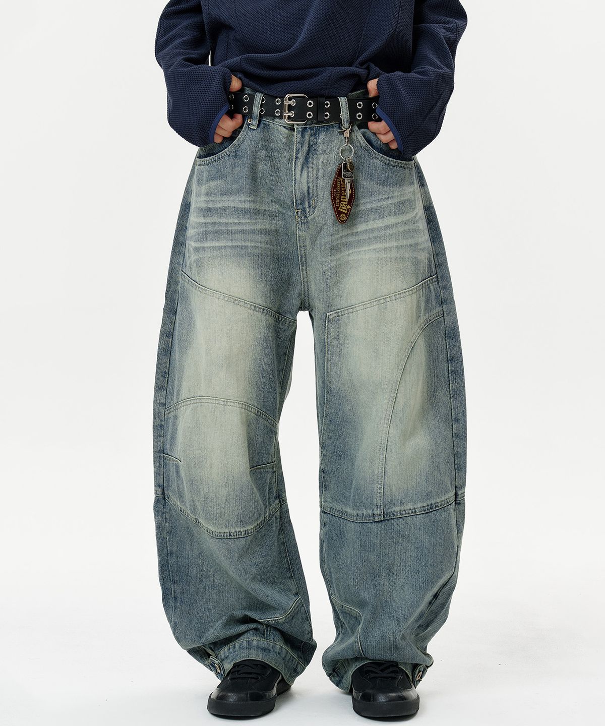 딥센스(DEEP SENSE) Snap Button Slit Curved Denim Pants - blue