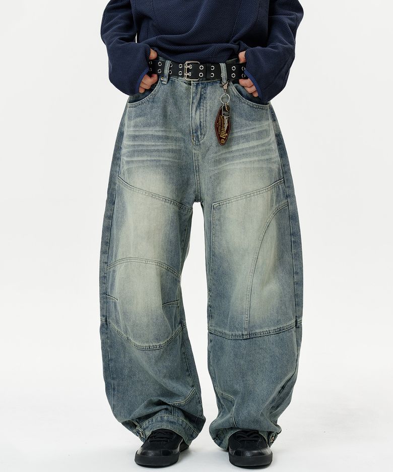 Snap Button Slit Curved Denim Pants - blue
