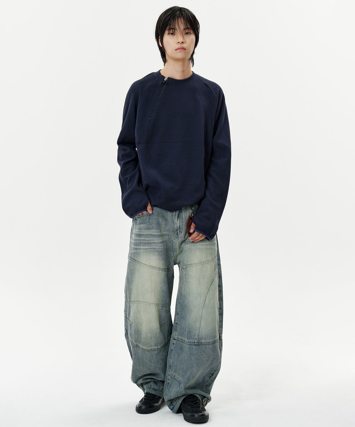 딥센스(DEEP SENSE) Snap Button Slit Curved Denim Pants - blue