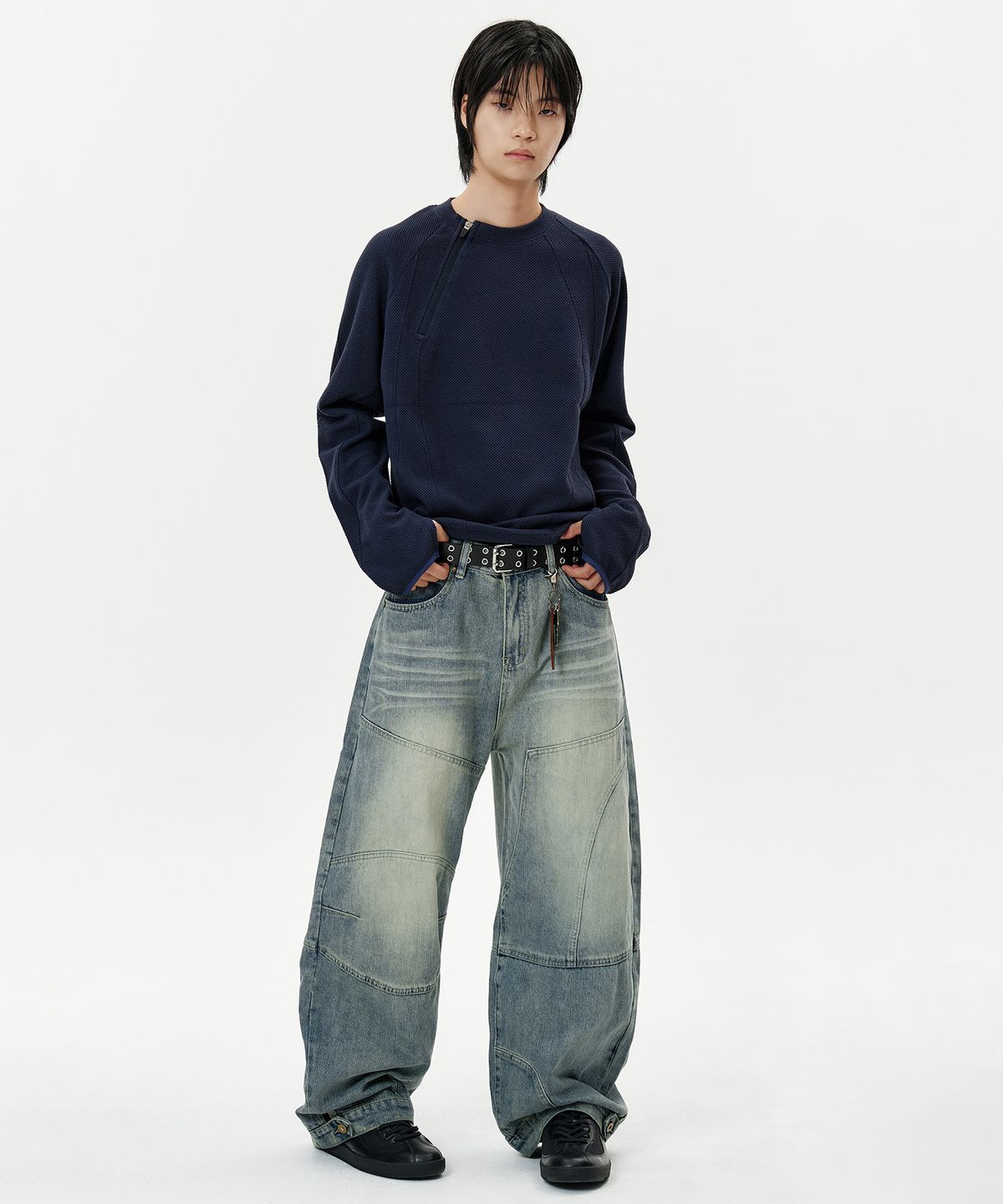 딥센스(DEEP SENSE) Snap Button Slit Curved Denim Pants - blue