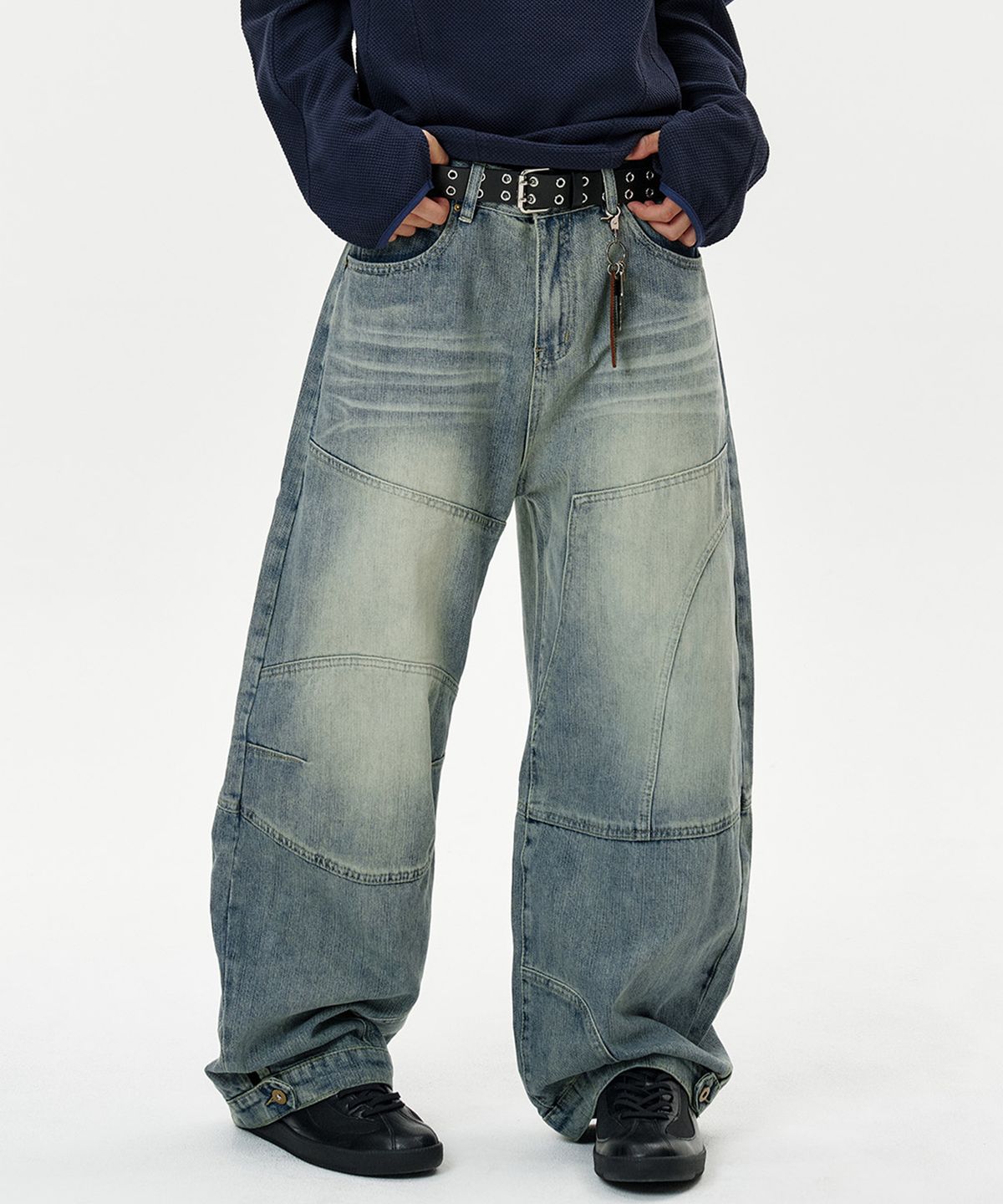 딥센스(DEEP SENSE) Snap Button Slit Curved Denim Pants - blue