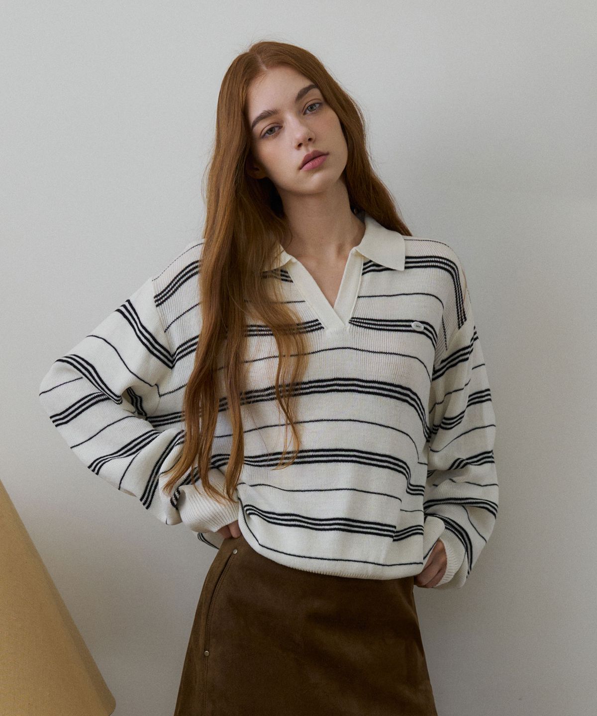 헤인트(HAINT) NEMUA OPEN COLLAR STRIPE KNIT 2COL_IVORY