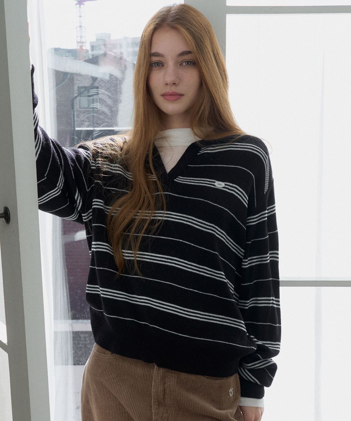헤인트(HAINT) NEMUA OPEN COLLAR STRIPE KNIT 2COL_BLACK