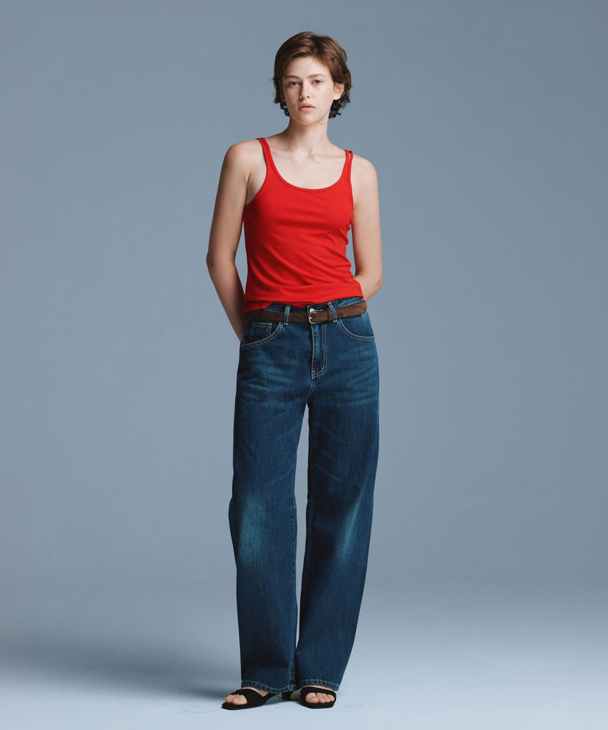 유라고(URAGO) Washed dart curved jean_Dark blue