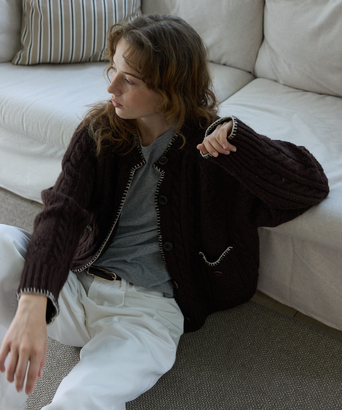 오픈도어스튜디오(OPENDOORSTUDIO) Whipstitch Cable Cardigan Brown