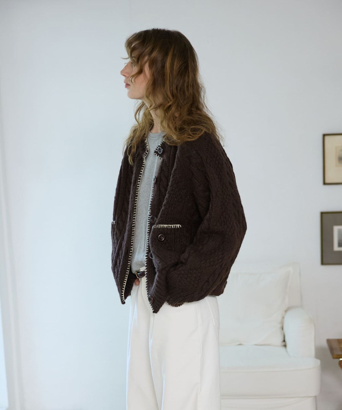 오픈도어스튜디오(OPENDOORSTUDIO) Whipstitch Cable Cardigan Brown