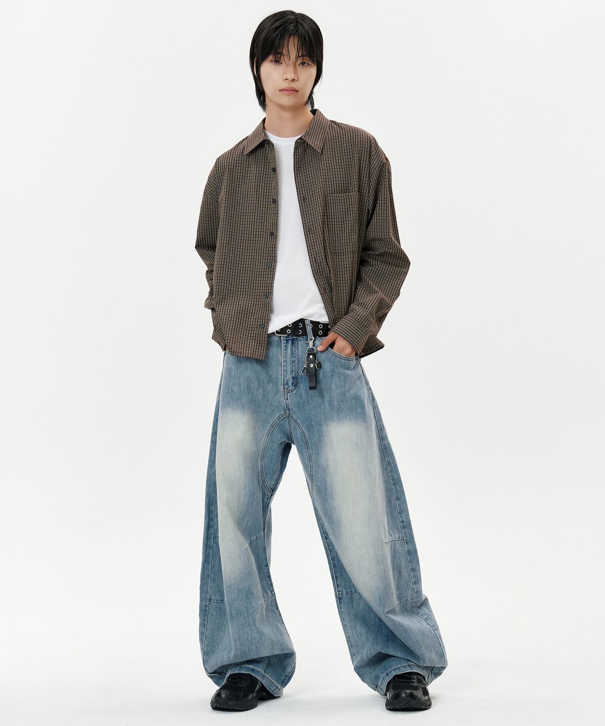 딥센스(DEEP SENSE) Rivet Slit Curved Denim Pants - blue