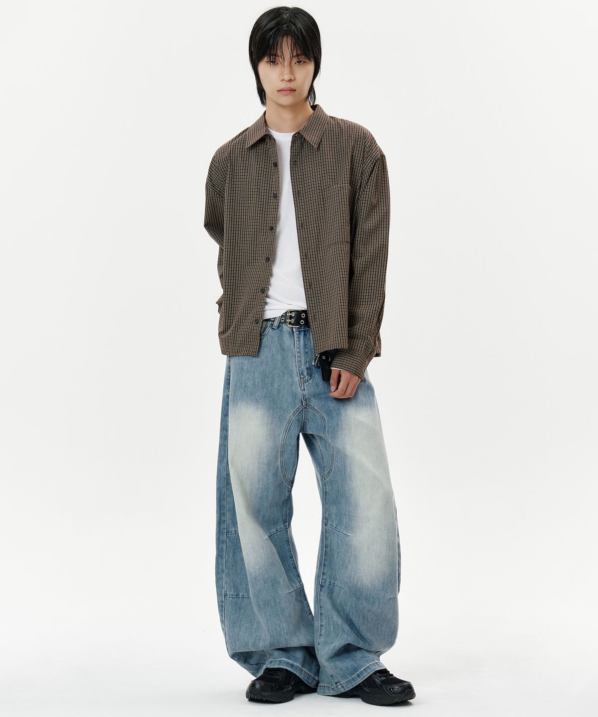 딥센스(DEEP SENSE) Rivet Slit Curved Denim Pants - blue
