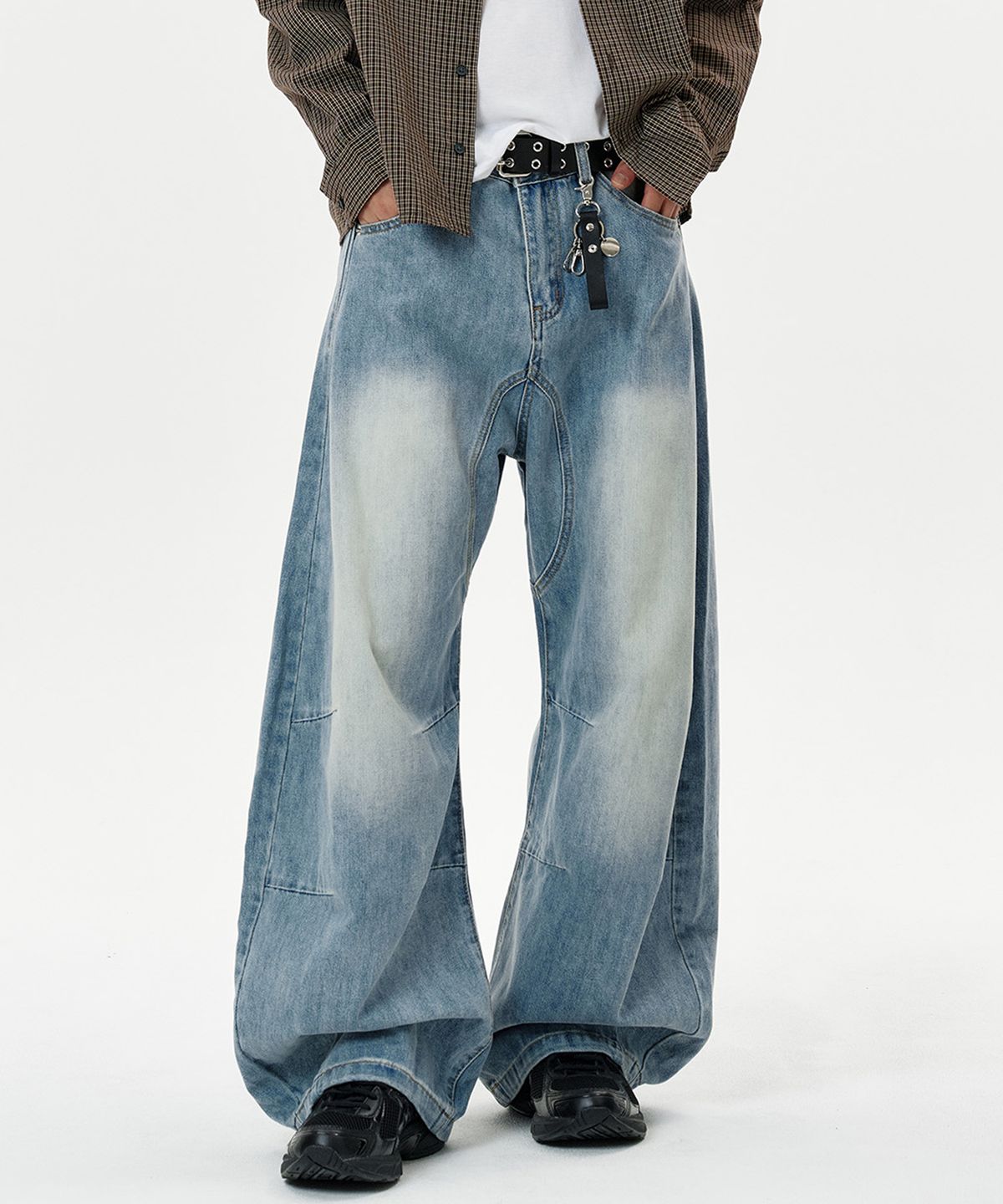 딥센스(DEEP SENSE) Rivet Slit Curved Denim Pants - blue