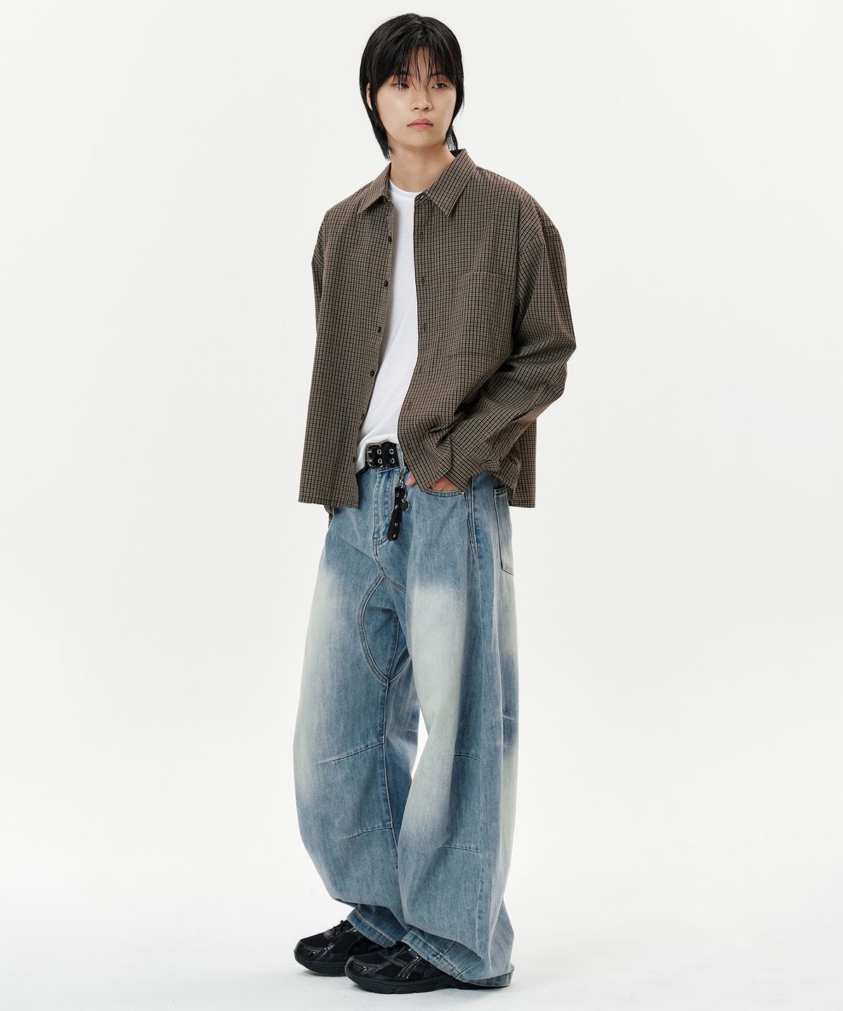 딥센스(DEEP SENSE) Rivet Slit Curved Denim Pants - blue