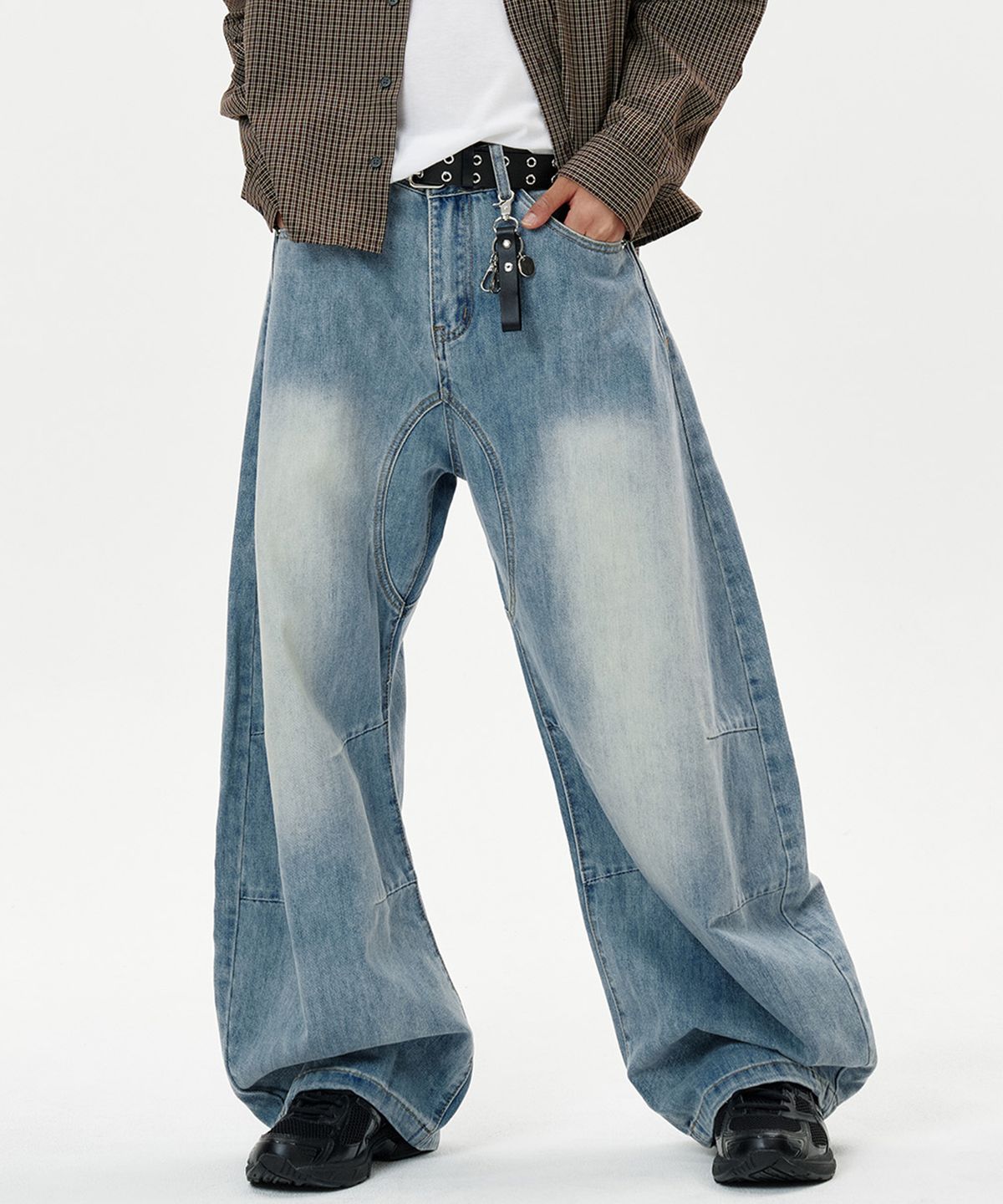 딥센스(DEEP SENSE) Rivet Slit Curved Denim Pants - blue