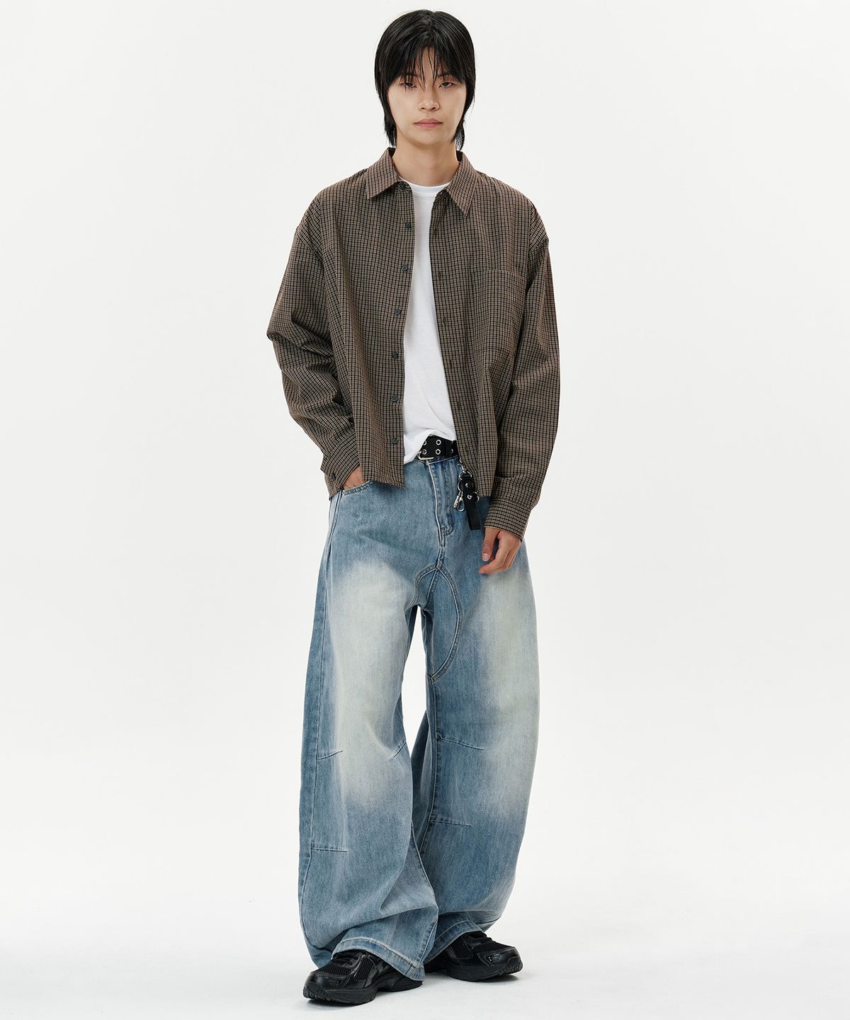 딥센스(DEEP SENSE) Rivet Slit Curved Denim Pants - blue