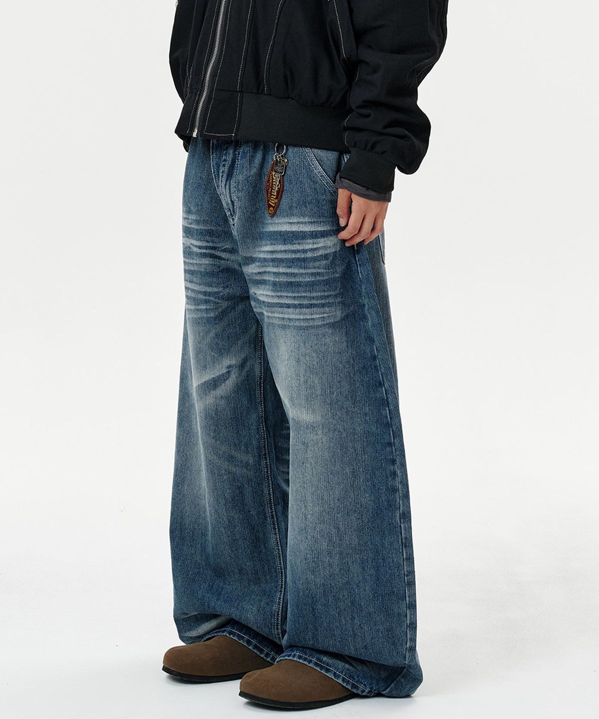 딥센스(DEEP SENSE) Wave Washed Curved Denim Pants - deep blue