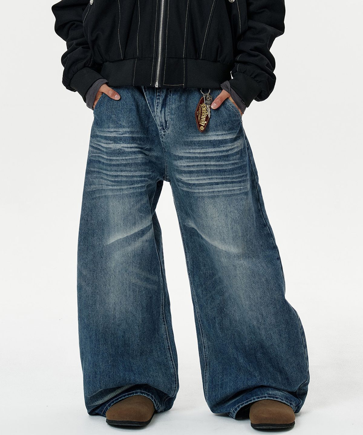 딥센스(DEEP SENSE) Wave Washed Curved Denim Pants - deep blue