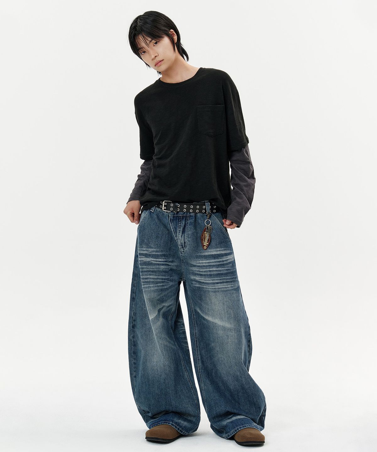 딥센스(DEEP SENSE) Wave Washed Curved Denim Pants - deep blue