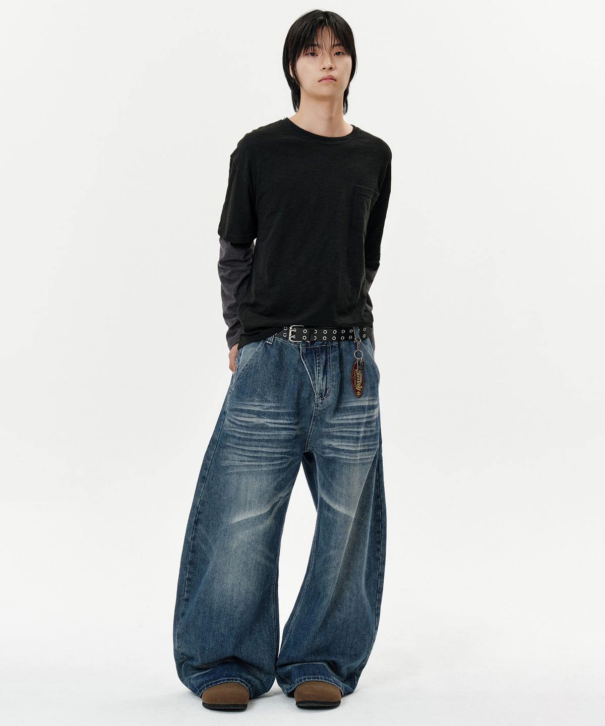 딥센스(DEEP SENSE) Wave Washed Curved Denim Pants - deep blue