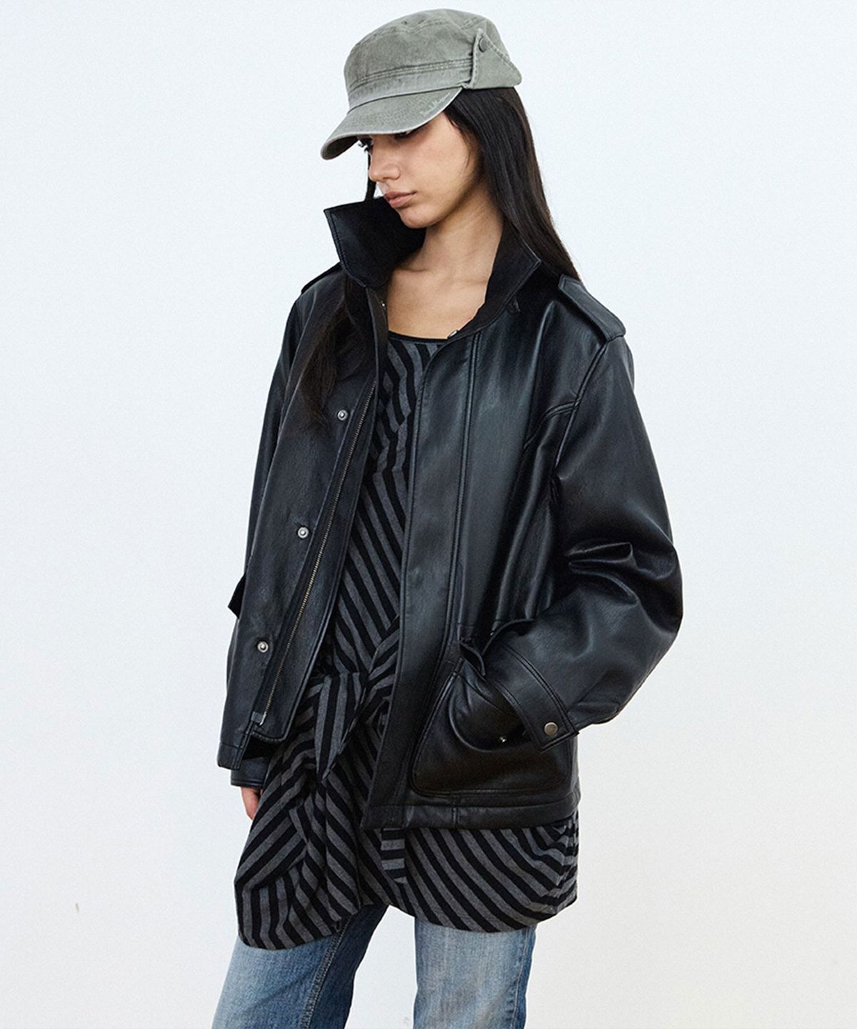 샌드뮤지엄(SAND MUSEUM) HIGH NECK LEATHER FIELD JACKET [Black]