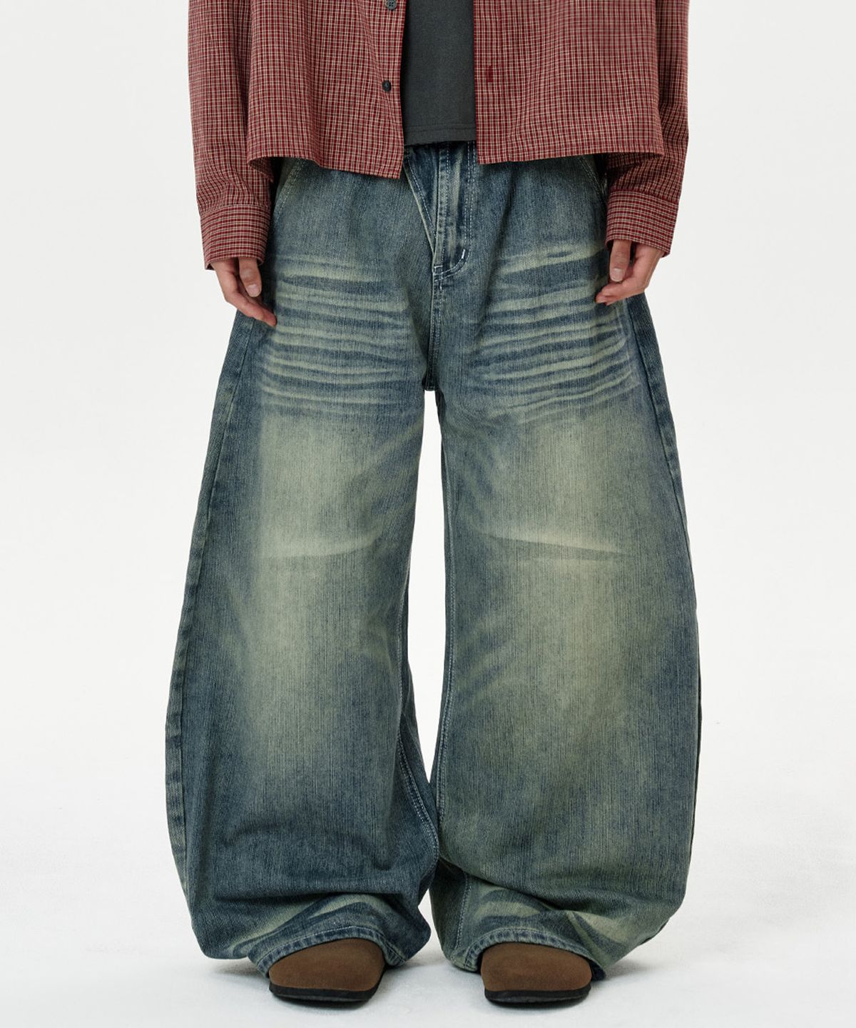 딥센스(DEEP SENSE) Wave Washed Curved Denim Pants - blue