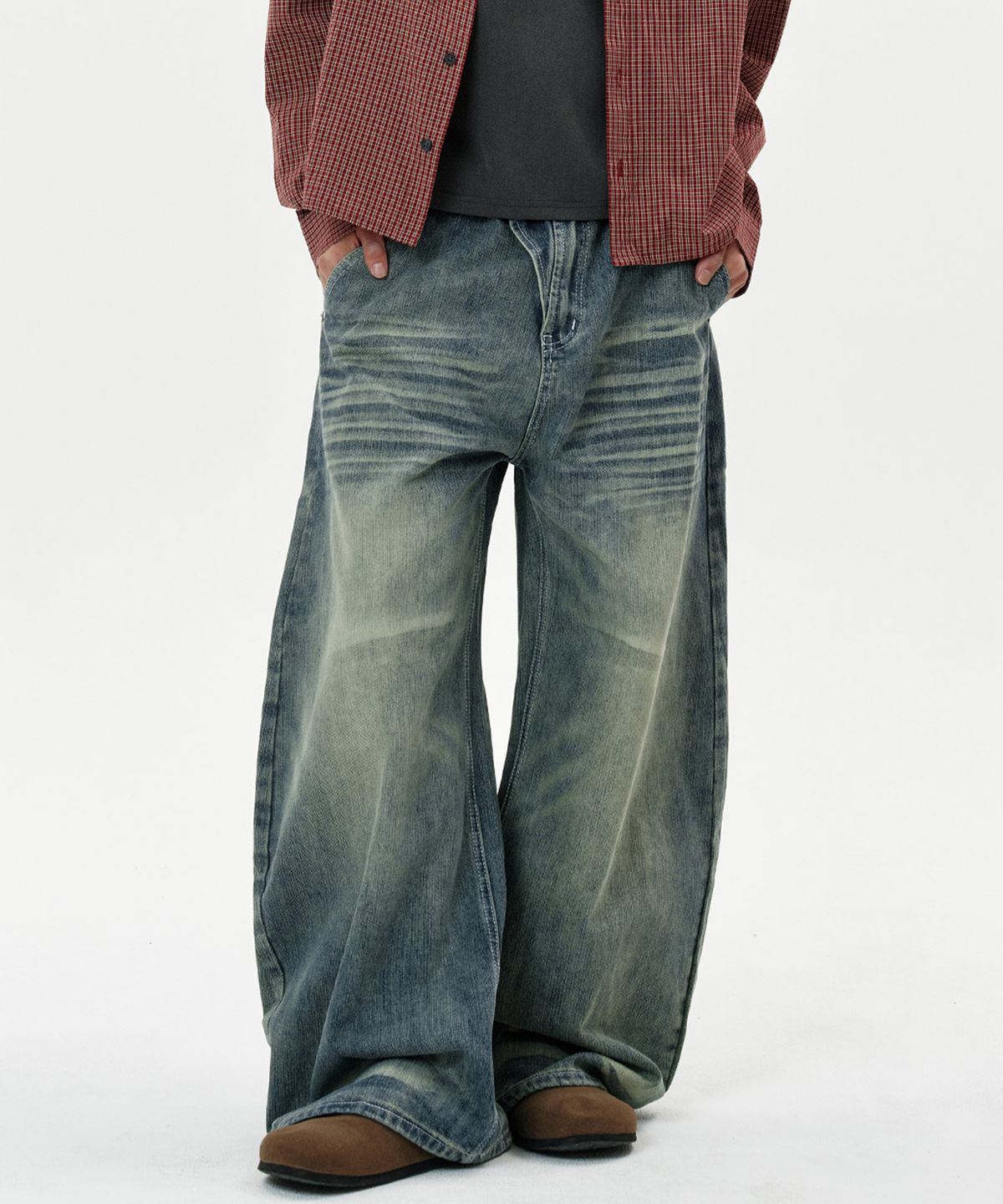 딥센스(DEEP SENSE) Wave Washed Curved Denim Pants - blue
