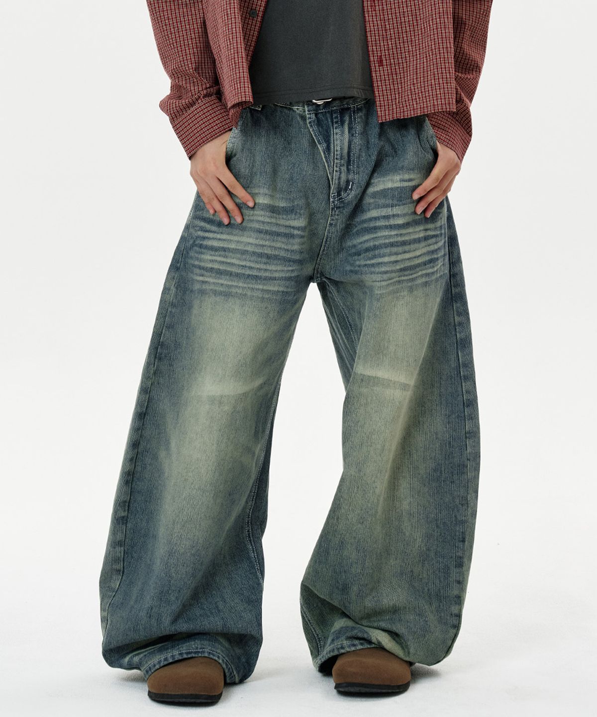 딥센스(DEEP SENSE) Wave Washed Curved Denim Pants - blue