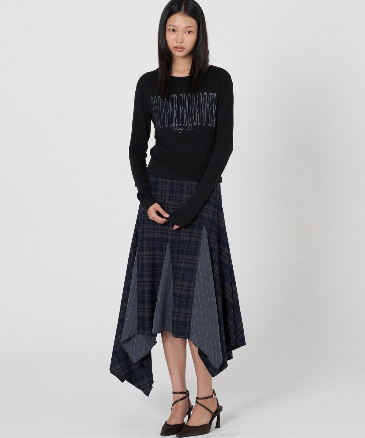 떨스티클럽(THIRSTYCLUB) Mixed check unbalance skirt - Navy