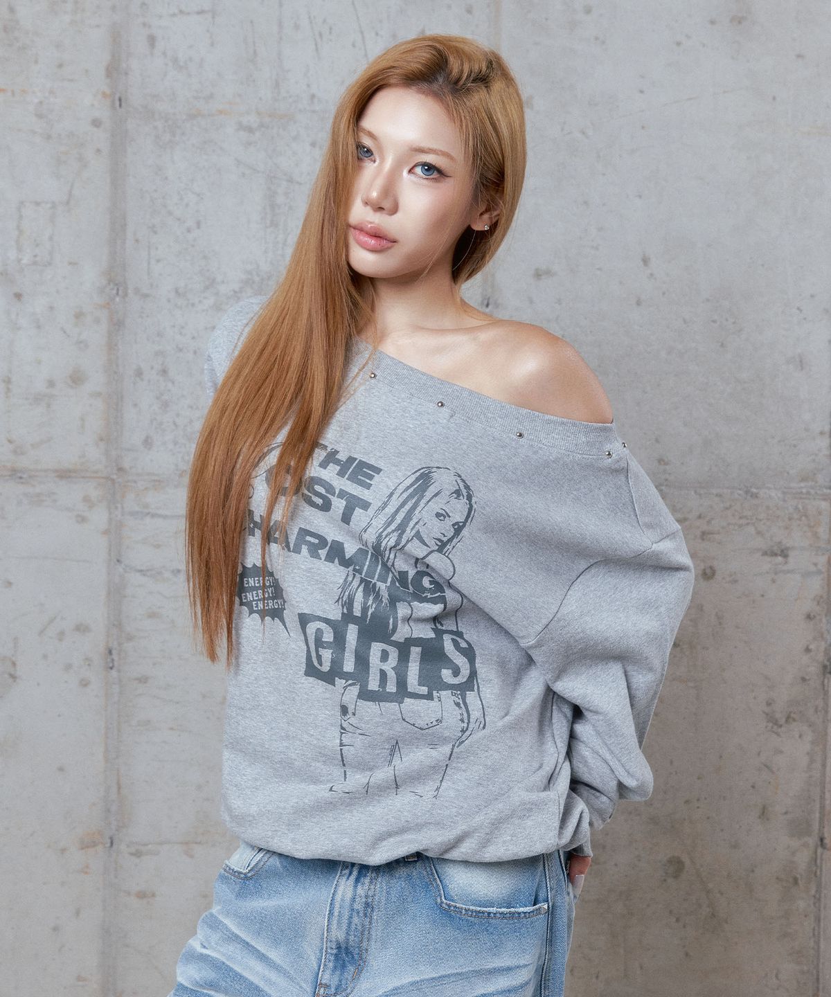 디오스피스(DAUSPICE) (DUC) Vintage Studded One-Shoulder Sweatshirt Grey
