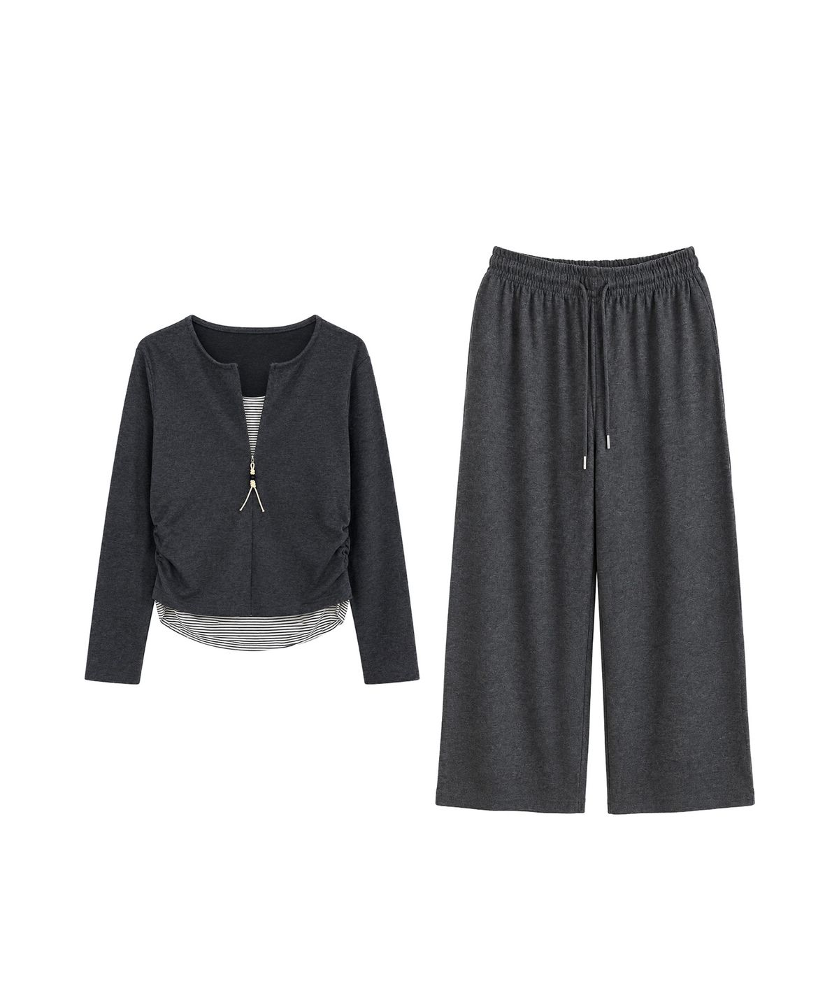 바스카라(VASCARA) [SET] Half Zip-Up String Shirring T-shirt + Banding Wide Pants Set-up (3colors)