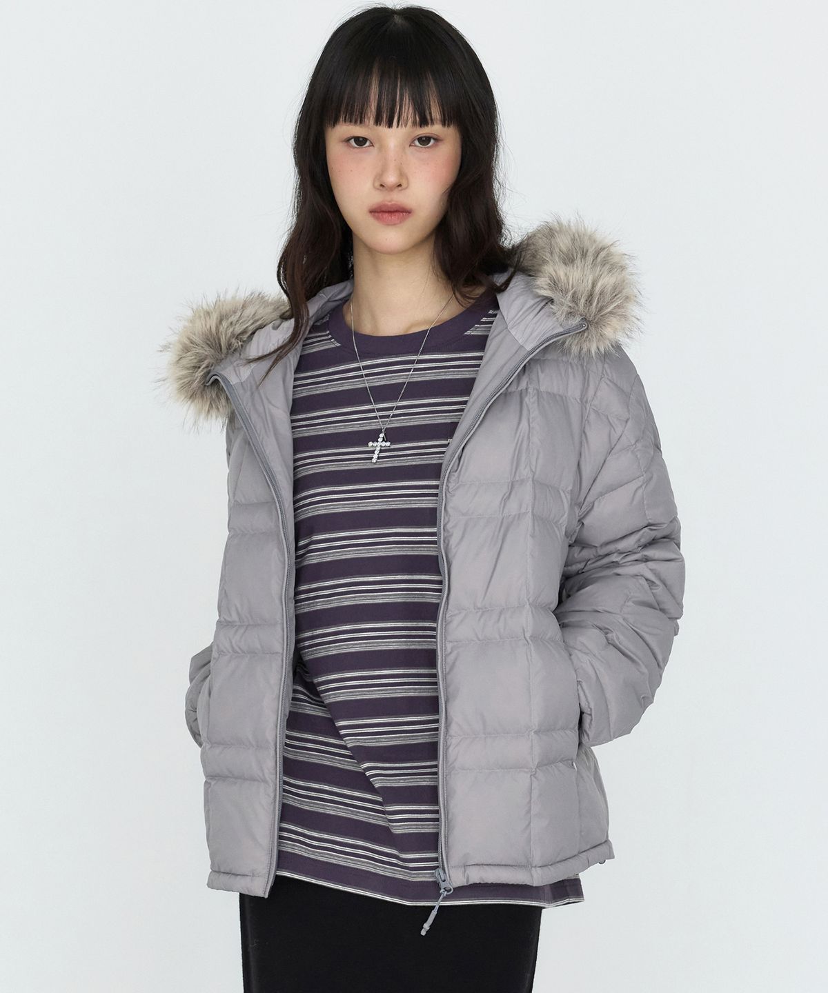 몽돌(MONGDOL) 덕 다운 퍼 후드 경량 패딩 그레이 MDJP024GRAY