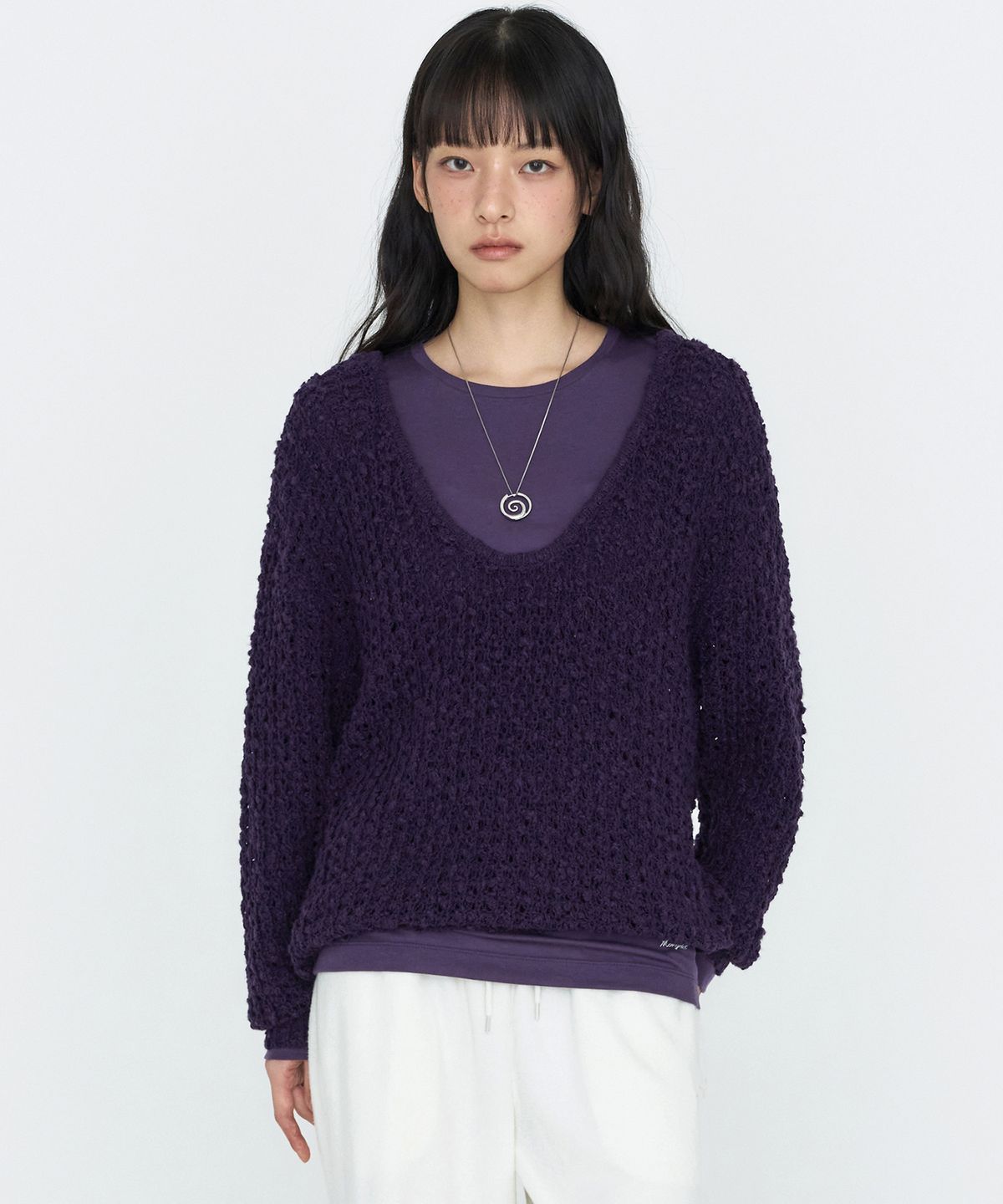 몽돌(MONGDOL) U넥 오버핏 니트 탑 퍼플 MDKT131PURPLE