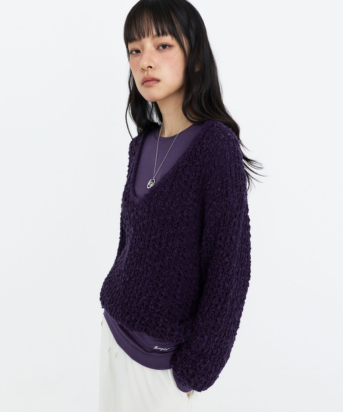 몽돌(MONGDOL) U넥 오버핏 니트 탑 퍼플 MDKT131PURPLE