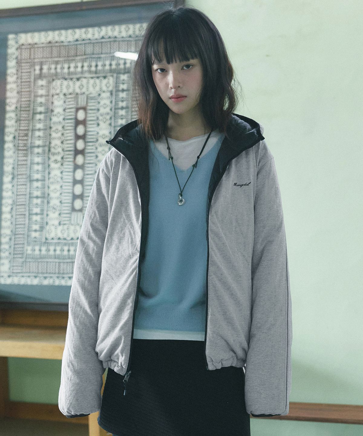 몽돌(MONGDOL) 리버시블 덕 다운 다이아 퀼팅 경량 패딩 블랙 MDJP028BLACK