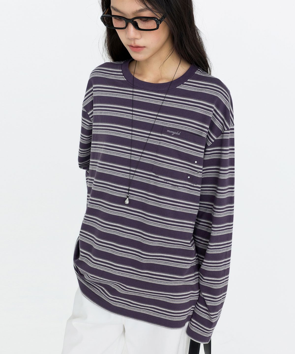 몽돌(MONGDOL) 스트라이프 오버핏 긴팔 티셔츠 퍼플 MDTS106PURPLE