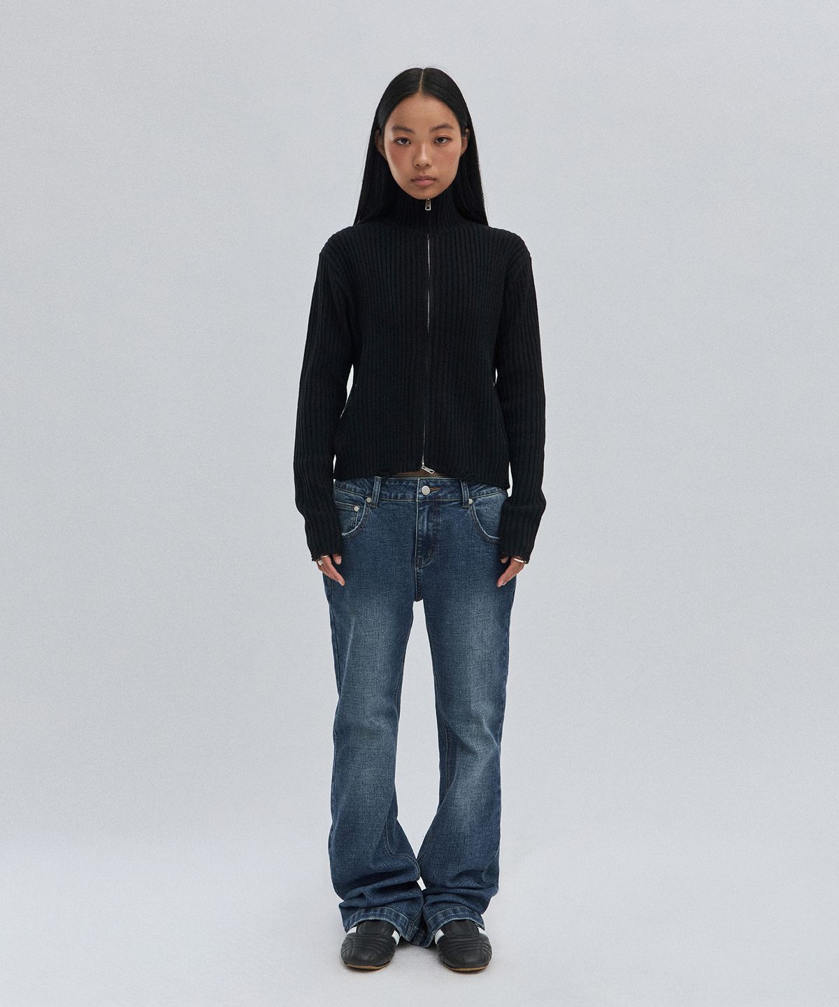 스웨이드(SUADE) DAMAGE KNIT ZIP UP [BLACK]