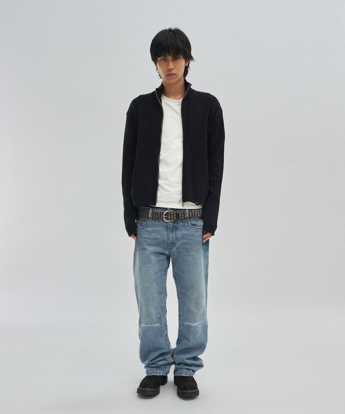 스웨이드(SUADE) DAMAGE KNIT ZIP UP [BLACK]