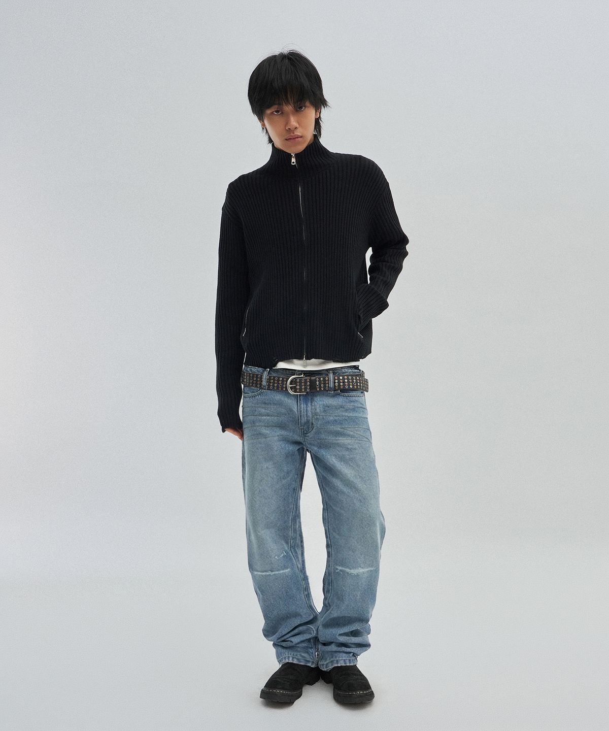 스웨이드(SUADE) DAMAGE KNIT ZIP UP [BLACK]