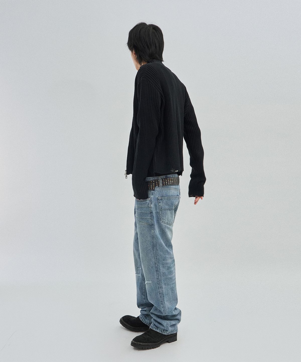 스웨이드(SUADE) DAMAGE KNIT ZIP UP [BLACK]