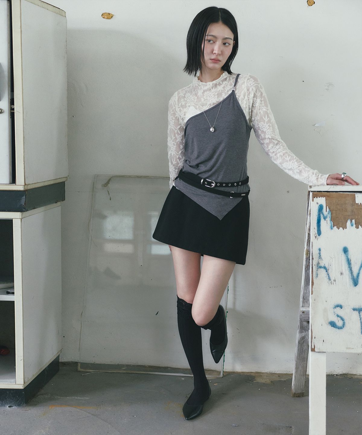몽돌(MONGDOL) 레이스 레이어드 니삭스 블랙 MDAC062BLACK