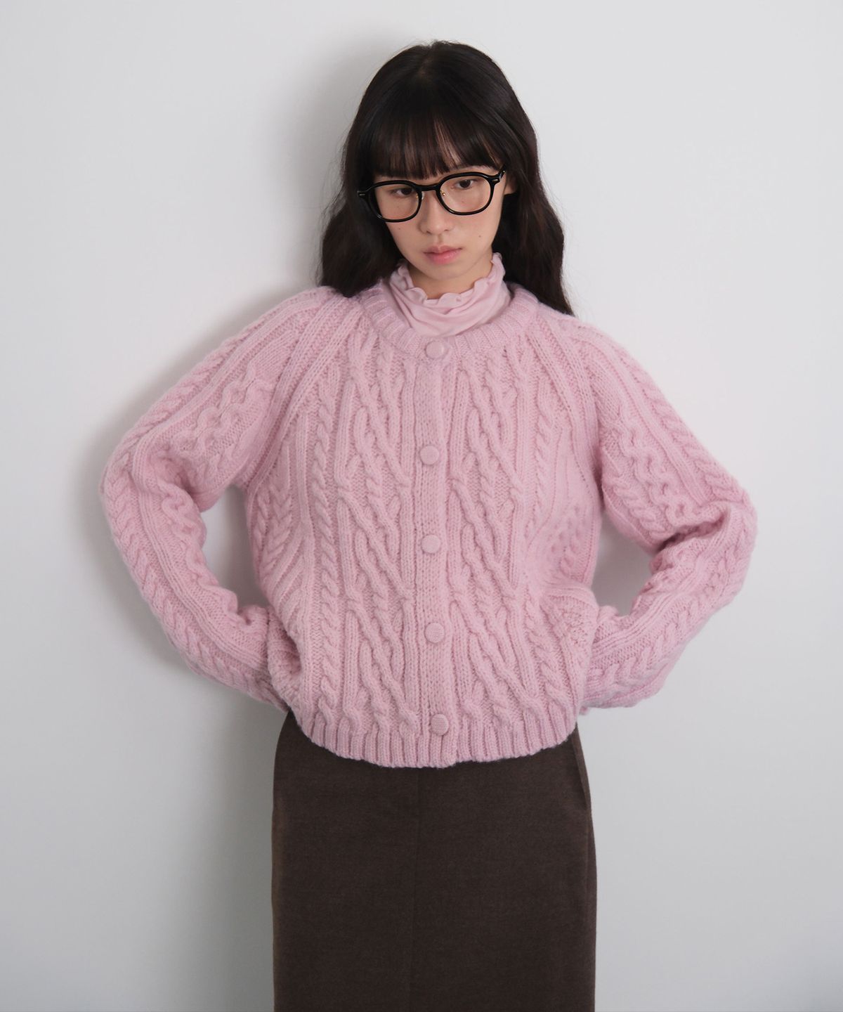 모의(MOUI) Flare cable knit cardigan (PINK)