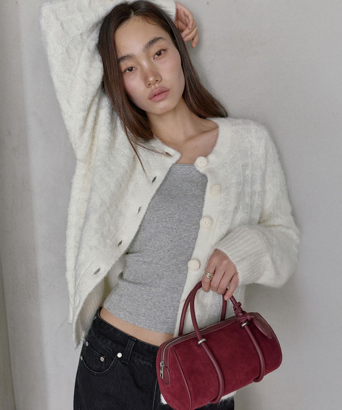 몽돌(MONGDOL) [백 참 SET] 리얼 소가죽 스웨이드 미니백 버건디 MDBG015BURGUNDY