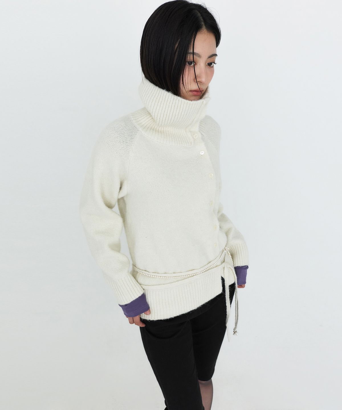몽돌(MONGDOL) 언발란스 카라 니트 가디건 아이보리 MDKT137IVORY
