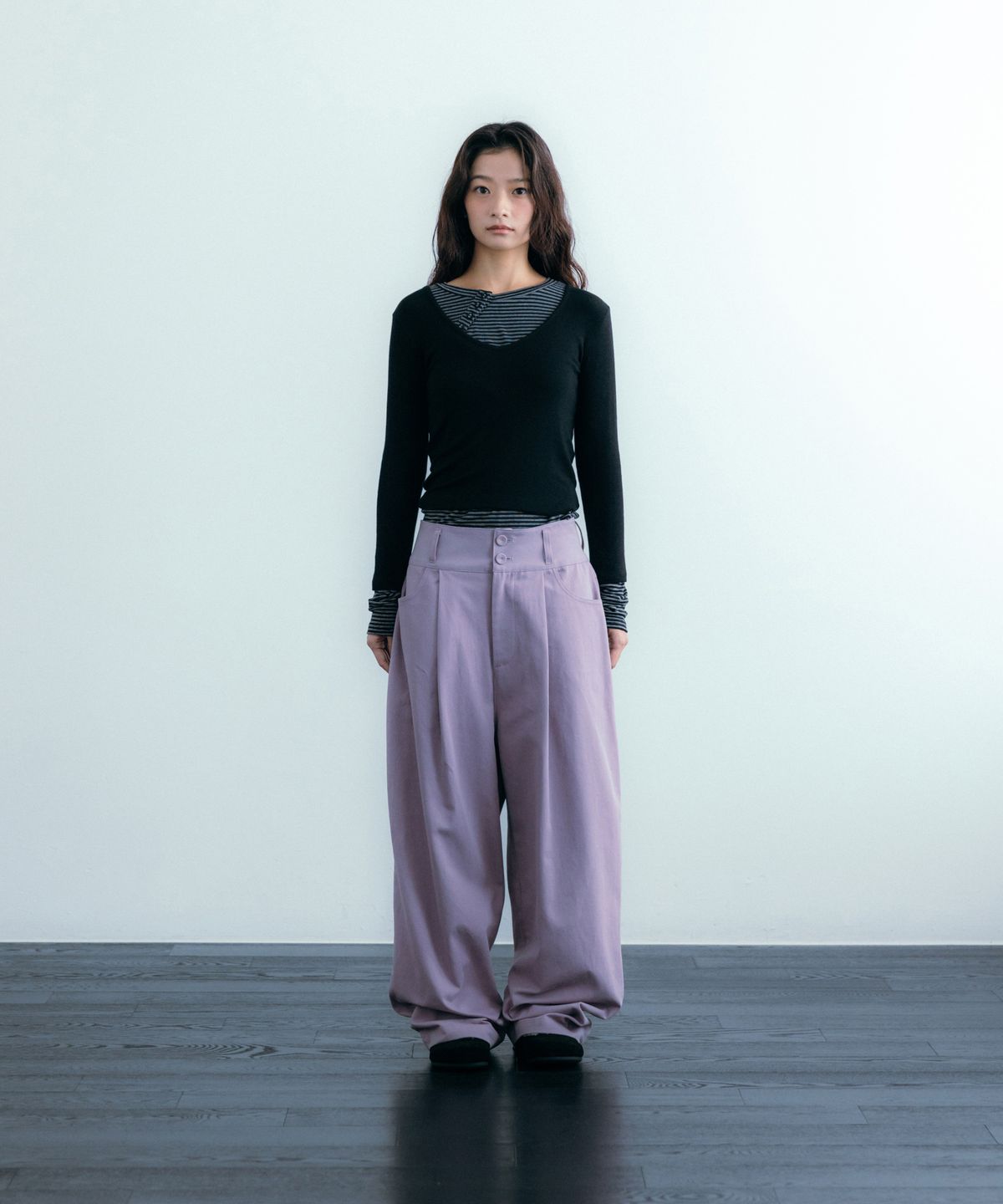 이요우아(IYOWUAH) Back Belt Wide Cotton Pants, Light Purple