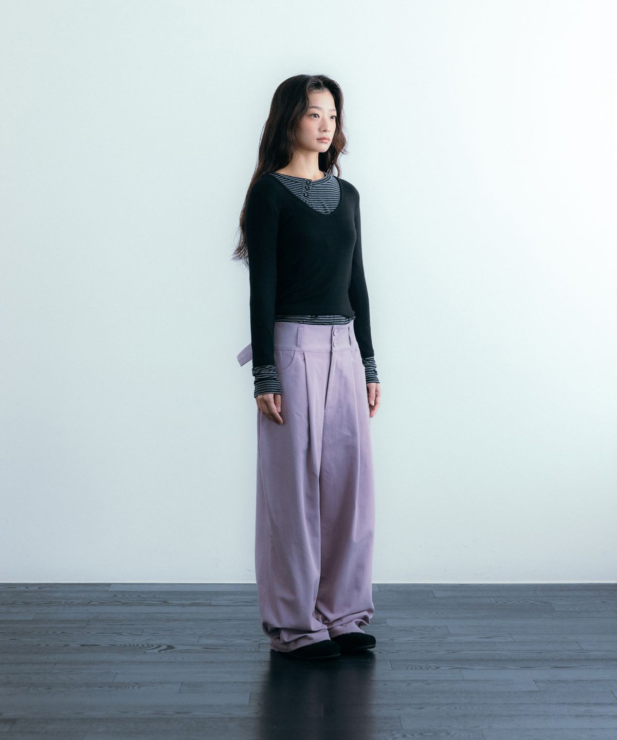 이요우아(IYOWUAH) Back Belt Wide Cotton Pants, Light Purple