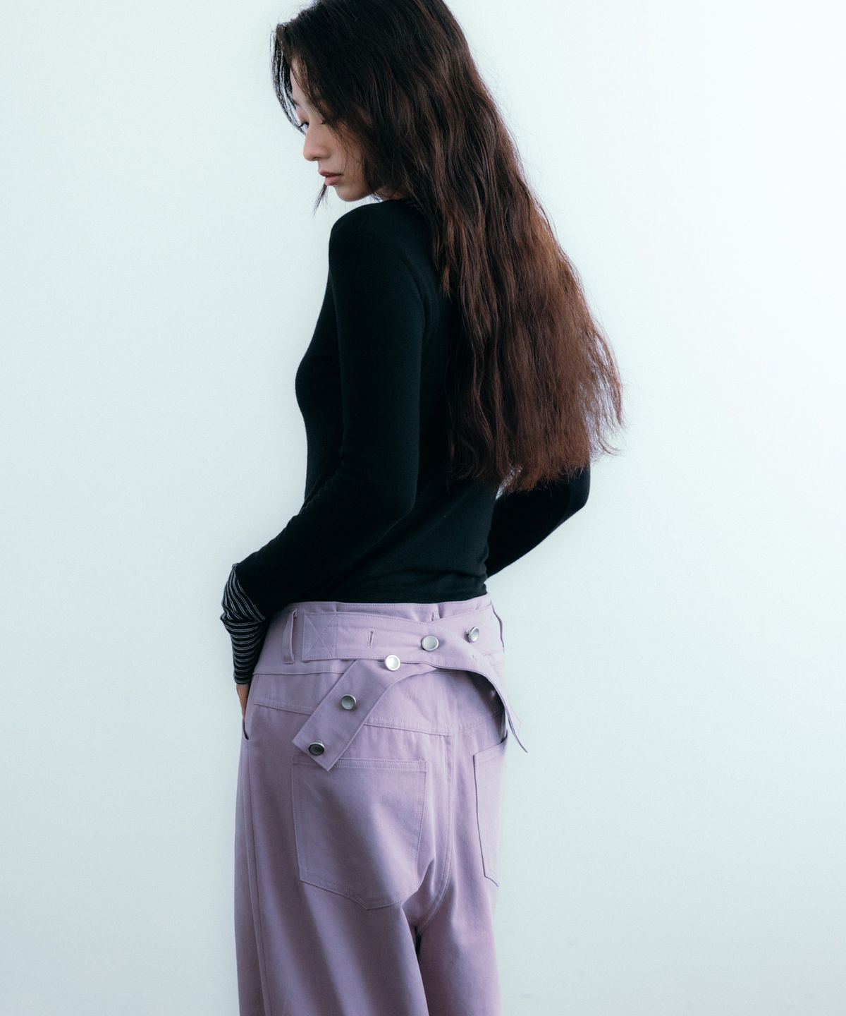 이요우아(IYOWUAH) Back Belt Wide Cotton Pants, Light Purple