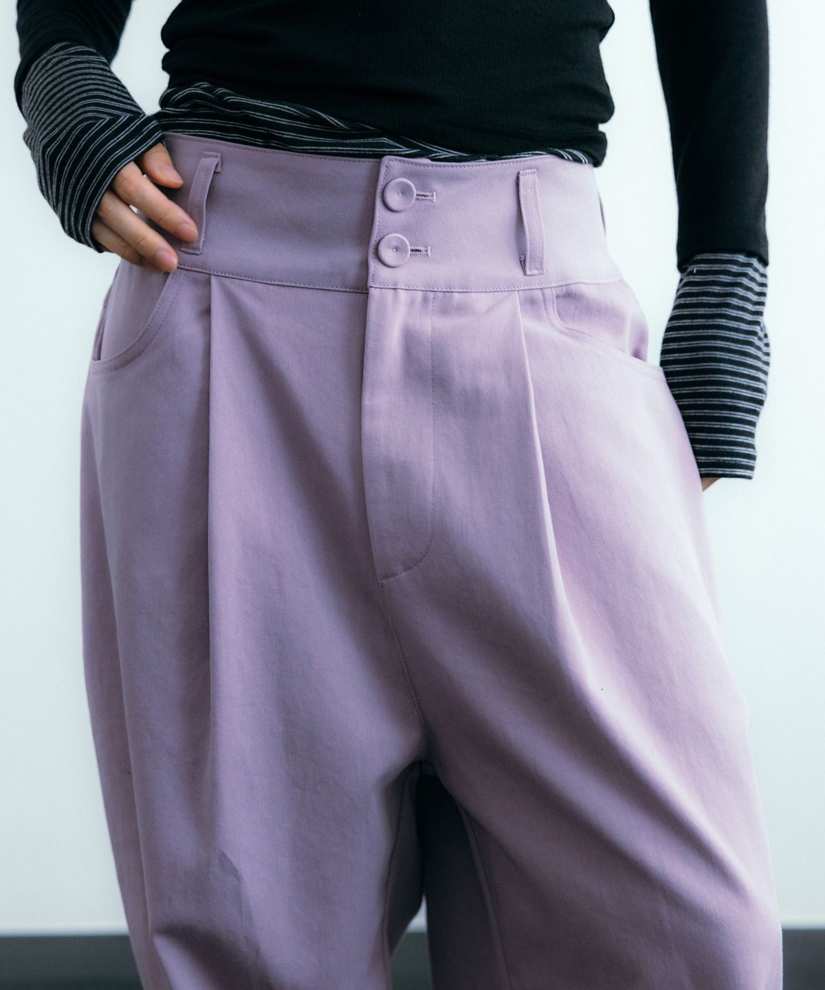이요우아(IYOWUAH) Back Belt Wide Cotton Pants, Light Purple
